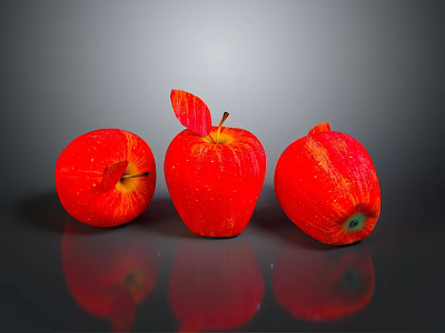 Three Fresh Red Apples on Shiny Reflective Surface with Green Leaf 3d model