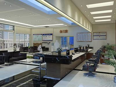 Modern Spacious Service Hall Featuring Service Counters Waiting Seats And Bright Lighting 3d model