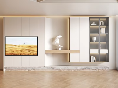 Modern Minimalist TV Stand Interior Design With White Storage Cabinets And Open Display Shelves 3d model
