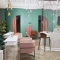Pink Baby Nail Studio Interior With Green Walls Pink Sofa And Chandelier Plants
