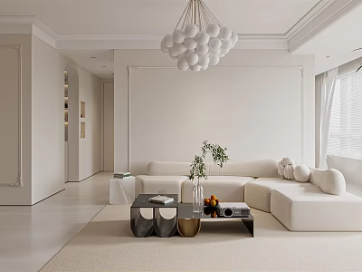 Modern Living Room Interior Design With White Sofa Chandelier Coffee Table And Potted Plant 3d model