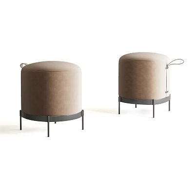 Beige Round Upholstered Stools With Black Metal Legs And Carry Handle Design 3d model