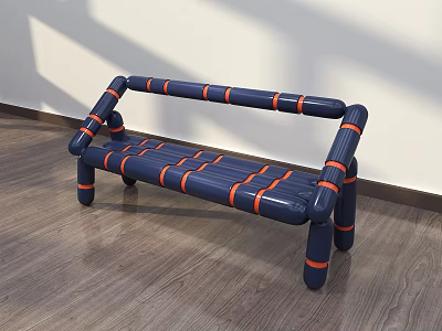 Navy Blue Public Bench With Orange Stripes And Tubular Structure On Wooden Floor Against Wall 3d model