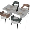 Modern White Dining Table Set with Four Gray Brown Chairs Plates and Utensils 3d model