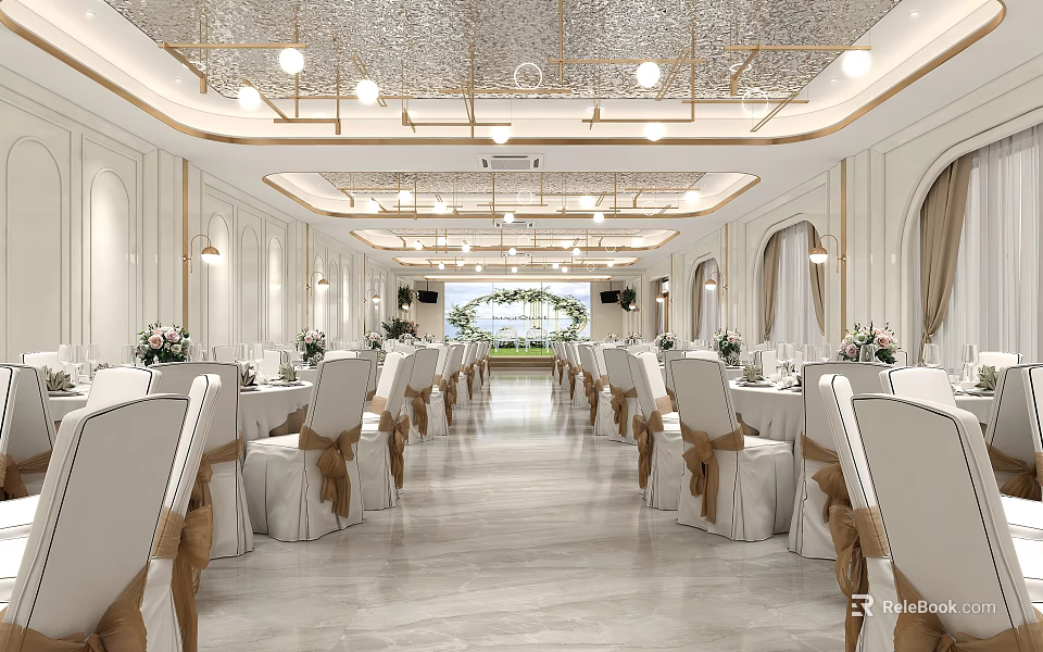 Elegant Banquet Hall Interior With White Chairs Brown Ribbons Flower Arrangements And Arched Windows 3d model 