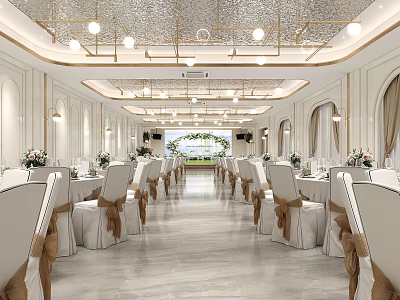 Elegant Banquet Hall Interior With White Chairs Brown Ribbons Flower Arrangements And Arched Windows 3d model