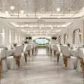 Elegant Banquet Hall Interior With White Chairs Brown Ribbons Flower Arrangements And Arched Windows