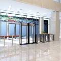 Modern Public Facility Lobby With Marble Floor Glass Doors Turnstiles And Large Windows