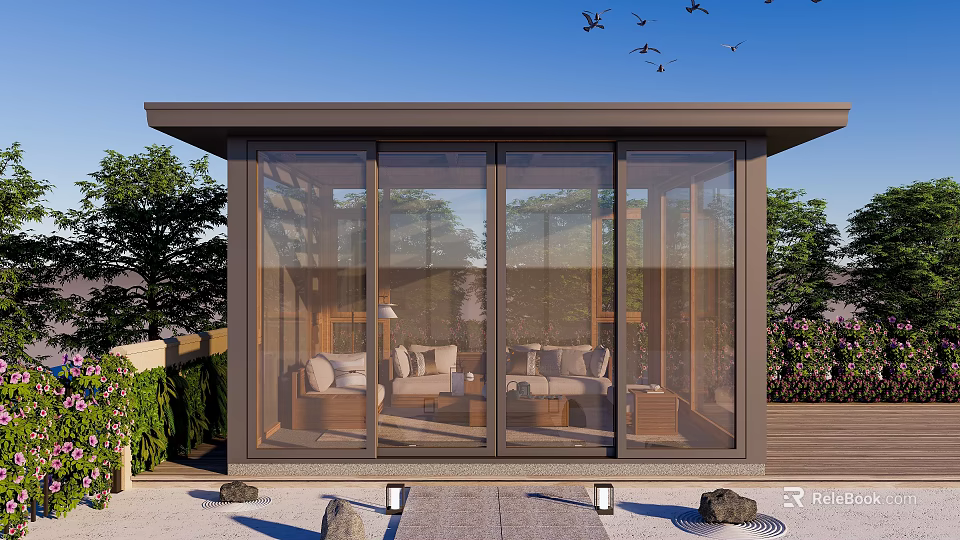 Modern Garden Landscape Design With Glass Conservatory Green Plants Stone Elements And Birds 3d model 