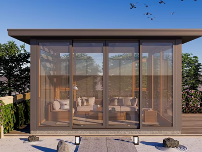 Modern Garden Landscape Design With Glass Conservatory Green Plants Stone Elements And Birds 3d model