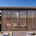 Modern Garden Landscape Design With Glass Conservatory Green Plants Stone Elements And Birds