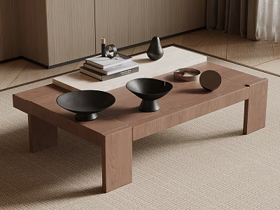Wooden Coffee Table With Stacked Books Black Vase And Decorative Bowls In Modern Living Room 3d model