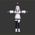 Game Anime Character With White Hair Pink Head Ball And Blue Red Striped White Outfit