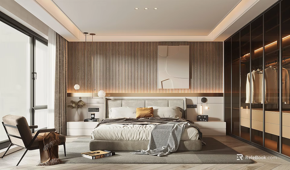 Modern Bedroom Interior With Wooden Slat Wall Large Bed Glass Wardrobe And Soft Lighting 3d model 