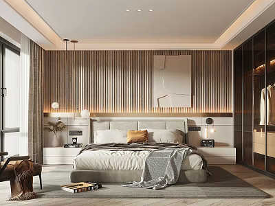 Modern Bedroom Interior With Wooden Slat Wall Large Bed Glass Wardrobe And Soft Lighting 3d model