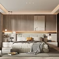 Modern Bedroom Interior With Wooden Slat Wall Large Bed Glass Wardrobe And Soft Lighting