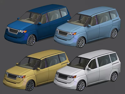 Four Colored Minivans In Blue Light Blue Yellow And White For Family Use 3d model