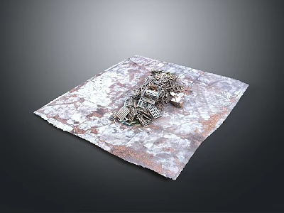 Decorative Speckled Textured Square Fabric On Gray Background With Metal Pieces 3d model