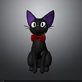 Cute Black Cat Toy With Purple Ears White Eyes And Red Bow Tie Sitting On Gray Background