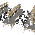 Modern Office Workspace Featuring Multiple Desks Shelves And Ergonomic Chairs 3d model