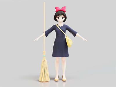 Adorable Girl Doll Wearing Dark Blue Dress With Red Bow And Yellow Bag Near Broom 3d model