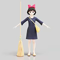 Adorable Girl Doll Wearing Dark Blue Dress With Red Bow And Yellow Bag Near Broom