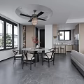 Modern Living Dining Room With Gray Sofa Round Coffee Table And Large Windows