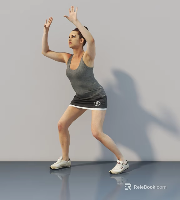 Woman In Gray Tank Top And Black Skirt Exercising Against Gray Background 3d model 