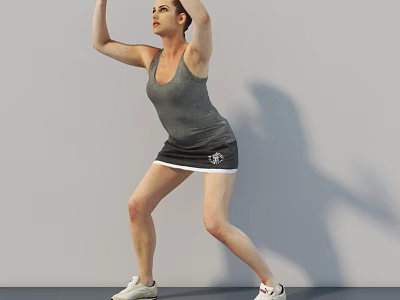 Woman In Gray Tank Top And Black Skirt Exercising Against Gray Background 3d model
