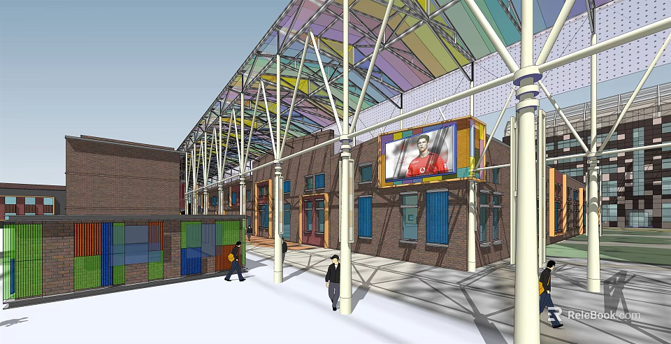 Vibrant Commercial Street With Colorful Canopy Red Brick Buildings And Pedestrians 3d model 