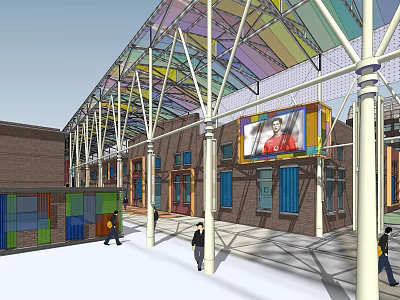 Vibrant Commercial Street With Colorful Canopy Red Brick Buildings And Pedestrians 3d model