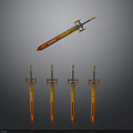 Floating Orange Red Gradient Sword With Four Arranged Blades Below
