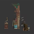 Enchanting Building Interior with Wooden Shelves Colorful Bottles Decorative Banners and Vintage Lamps