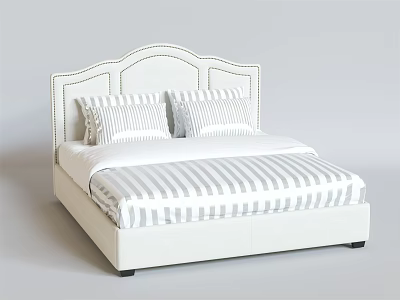 Modern White Upholstered Double Bed With Button Tufted Headboard And Striped Bedding 3d model