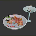 Colorful Tableware Including White Plate With Spring Rolls French Fries Tomato Slices And Pink Goblet