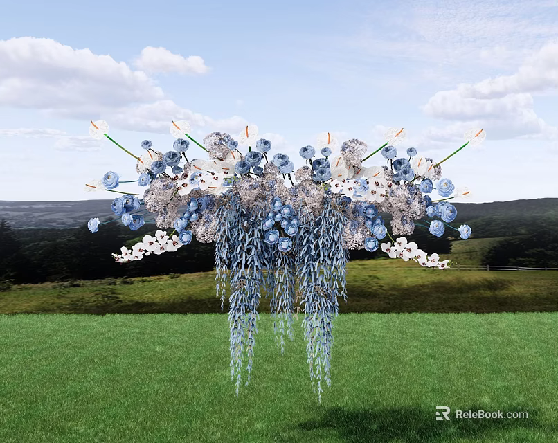 Elegant Hanging Floral Arrangement With Blue And White Flowers Over Green Grass And Blue Sky 3d model 