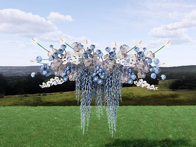 Elegant Hanging Floral Arrangement With Blue And White Flowers Over Green Grass And Blue Sky 3d model