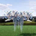 Elegant Hanging Floral Arrangement With Blue And White Flowers Over Green Grass And Blue Sky