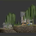 Charming Floating Island Landscape with Cozy House Willow Trees Small Pond Pathway and Decorations