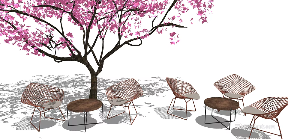 Outdoor Chair And Table Set With Mesh Chairs Round Tables Under Pink Cherry Blossom Tree 3d model 