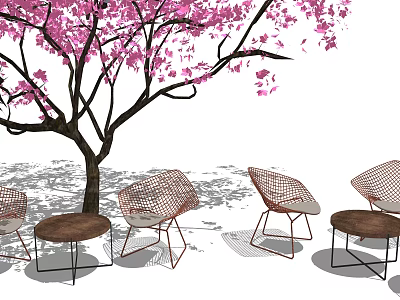 Outdoor Chair And Table Set With Mesh Chairs Round Tables Under Pink Cherry Blossom Tree 3d model