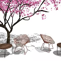 Outdoor Chair And Table Set With Mesh Chairs Round Tables Under Pink Cherry Blossom Tree