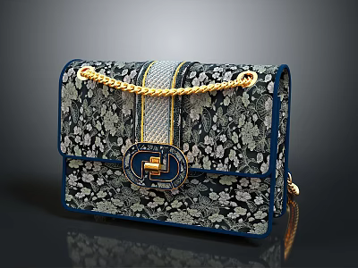Elegant Blue Gray Handbag with Floral Lace Pattern and Gold Chain Handle 3d model
