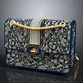 Elegant Blue Gray Handbag with Floral Lace Pattern and Gold Chain Handle