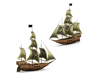 Two Detailed Wooden Sailboat Models With Green Sails And Black Flags Decorative 3d model