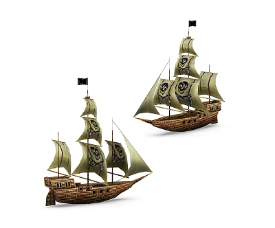 Two Detailed Wooden Sailboat Models With Green Sails And Black Flags Decorative 3d model Two Detailed Wooden Sailboat Models With Green Sails And Black Flags Decorative 3d model