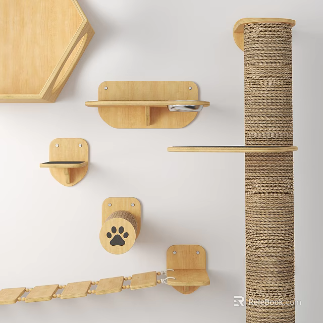 Wooden Cat Supplies Modern Design With Scratching Post Wall Shelves And Paw Print Hooks 3d model 