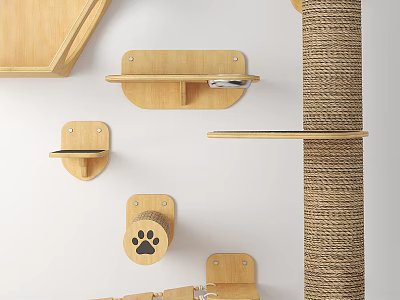 Wooden Cat Supplies Modern Design With Scratching Post Wall Shelves And Paw Print Hooks 3d model