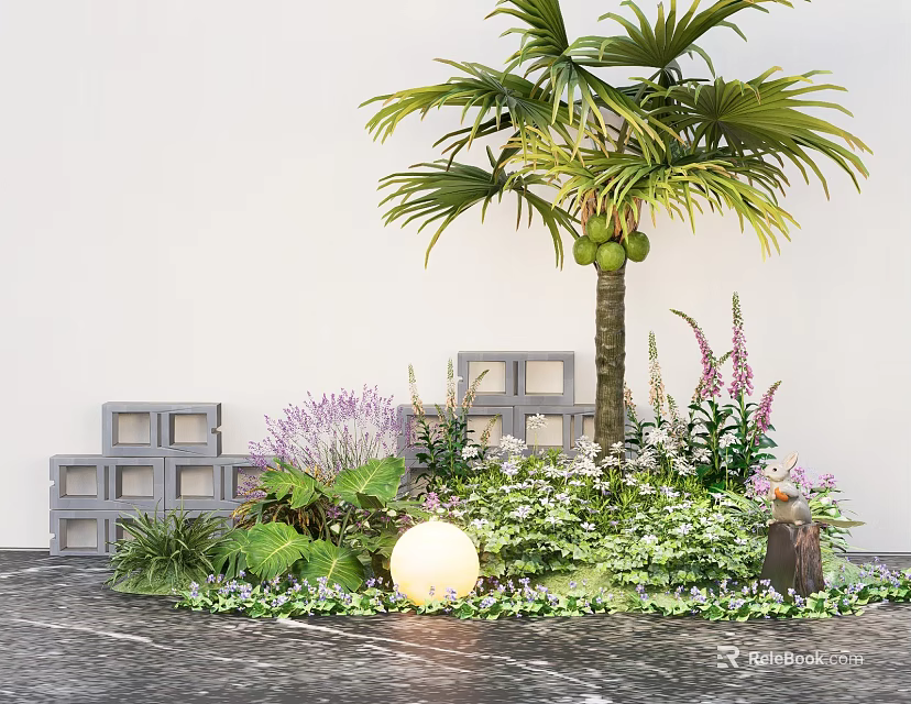 Courtyard Garden Design With Palm Tree Purple Flowers Gray Block Structures And Round Light 3d model 