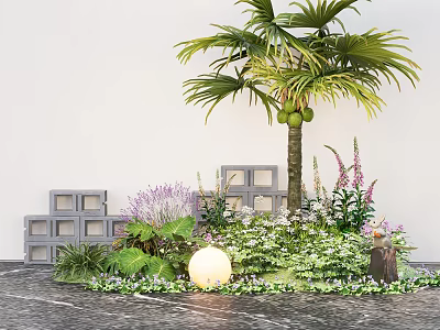 Courtyard Garden Design With Palm Tree Purple Flowers Gray Block Structures And Round Light 3d model